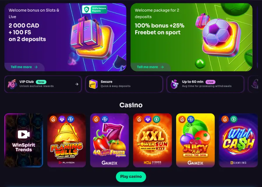 Screenshot of the Winspirit casino lobby showing game categories and promotional banners
