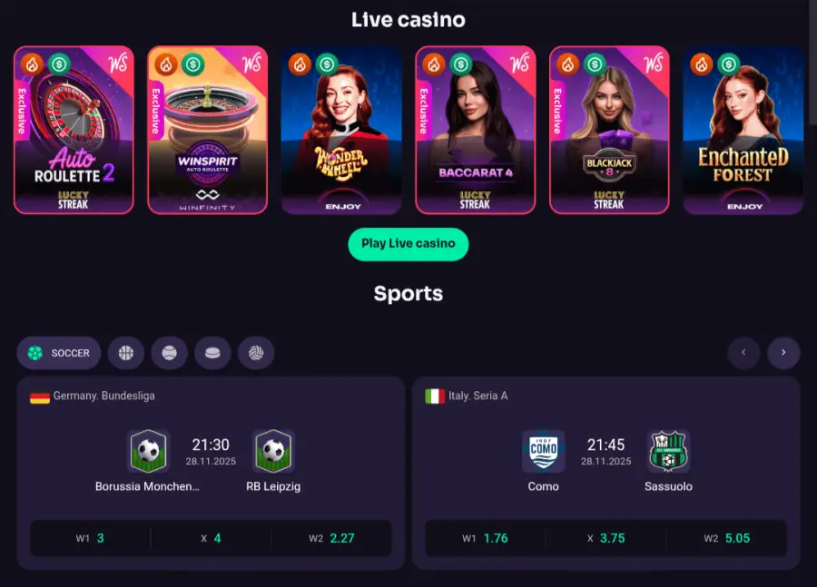 Screenshot der Winspirit Casino App Oberfläche mit Login-Button